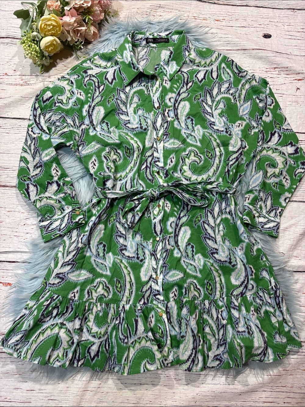 Zara Green White Paisley Mini Dress - Picture 6 of 9